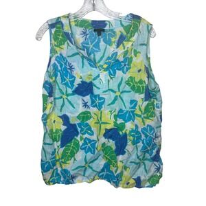 Talbots Womens Blue Green Floral 100% Linen Sleeveless Tank Top Blouse Large